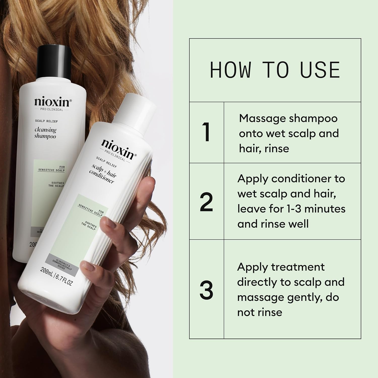 Nioxin Sistema de alivio del cuero cabelludo  Para cuero cabelludo sensible, seco y con picazón  Limpia, calma y engrosa el cabello  Sin parabenos