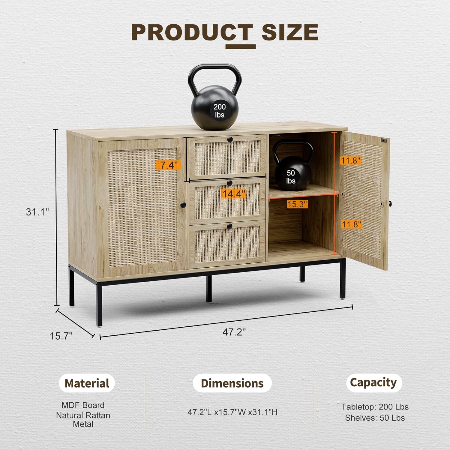 Aparador de ratán con almacenamiento, armario con puertas y estantes, armario decorativo con cajones para sala de estar, cocina, comedor, entrada