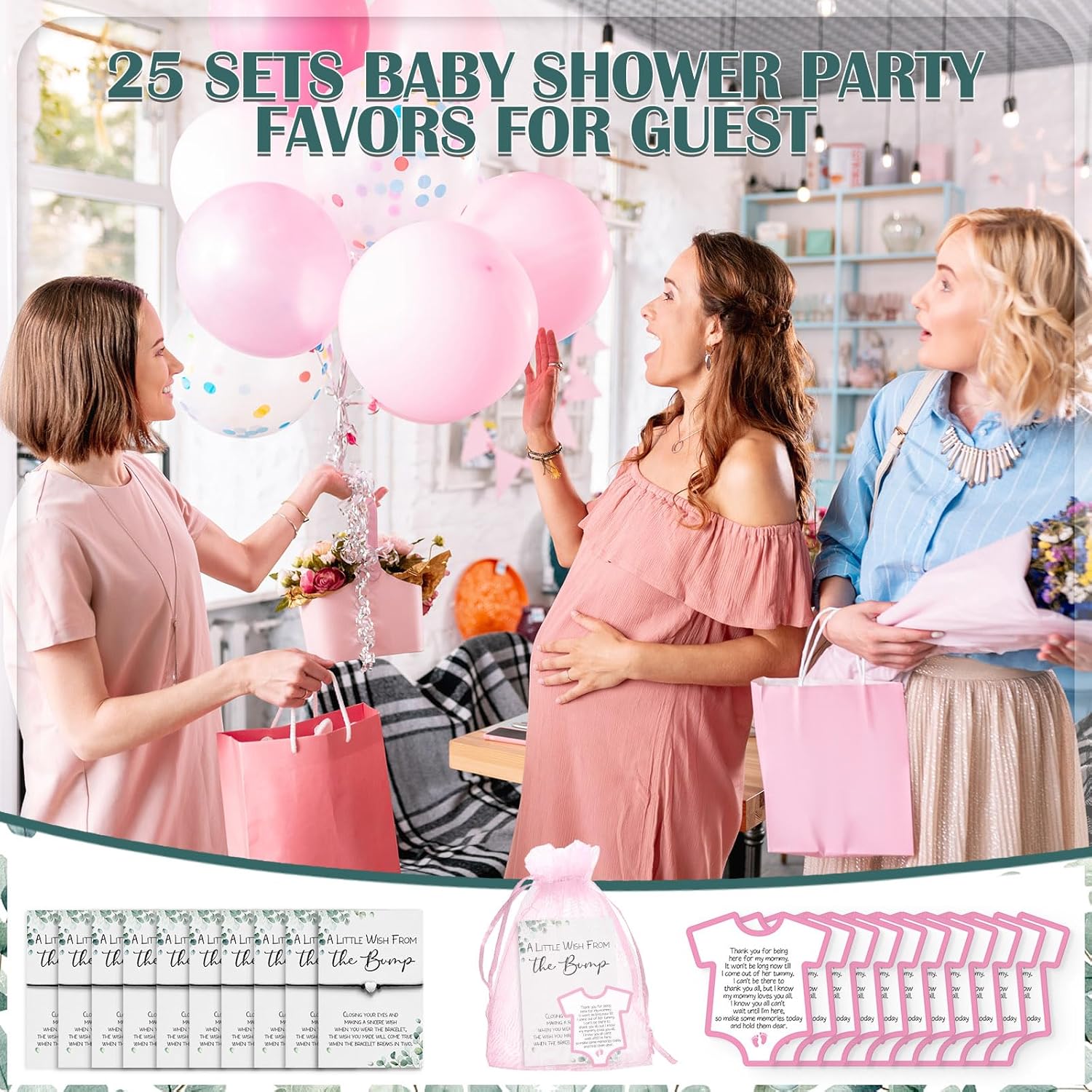 25 juegos de regalos de fiesta de baby shower para invitados, 25 pulseras de baby shower, pulseras de deseos con dije de corazón, 25 tarjetas de
