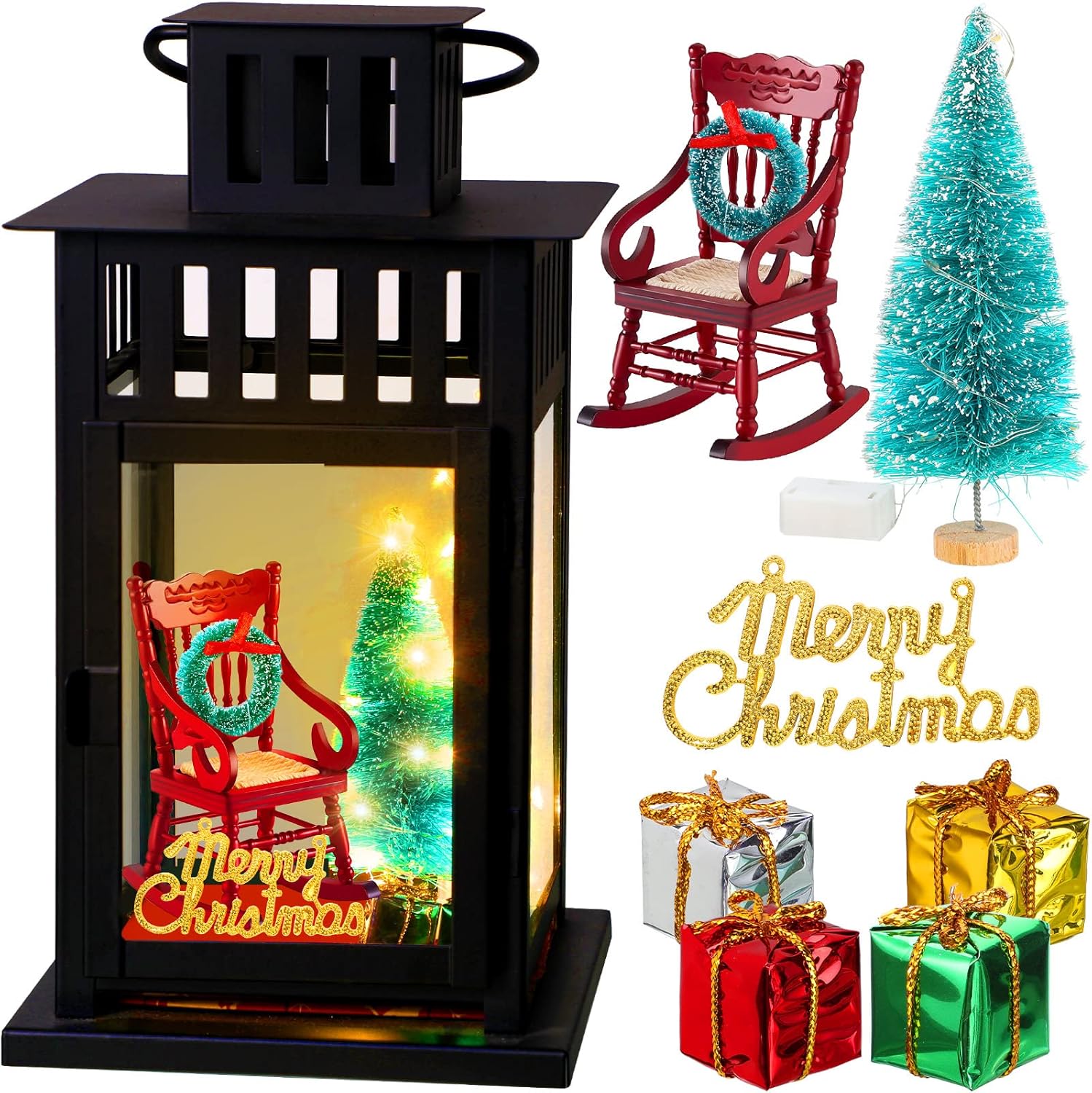 Juego de 9 linternas navideñas de memoria, incluye sillas de modelo de Navidad a escala 112, árbol de Navidad, cajas de regalo, corona multicolor