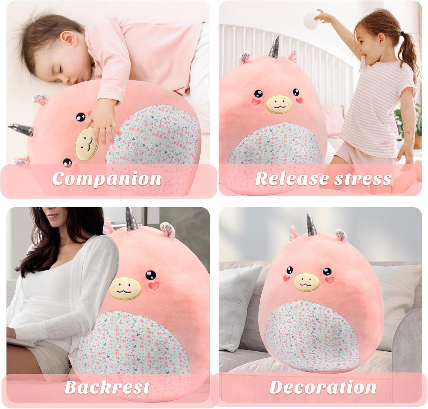 Almohada grande de felpa de unicornio de 20 pulgadas con vientre floral, lindo juguete de peluche suave para abrazar, animal de peluche jumbo para