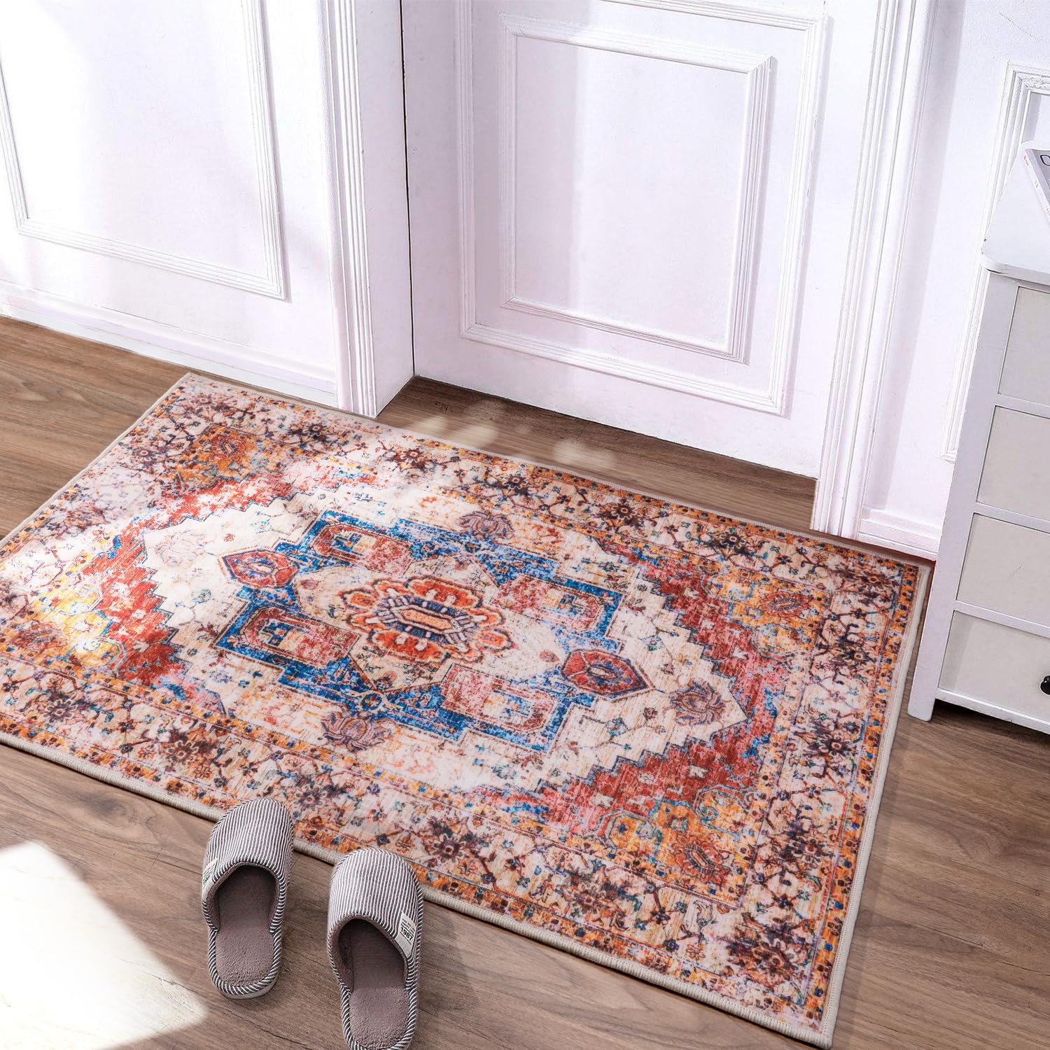 Alfombra vintage pequeña de 2 x 3 pulgadas, a prueba de suciedad, de pelo bajo, para puerta de entrada, interior, lavable, impresión retro, alfombra