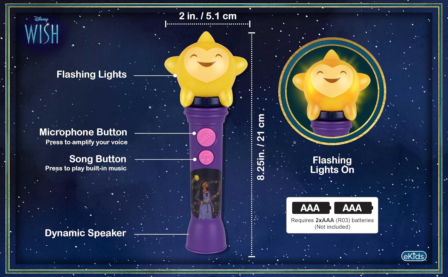 eKids Disney Wish – Micrófono de juguete para niños, juguete musical con música integrada, micrófono para niños diseñado para edades de 3 años en