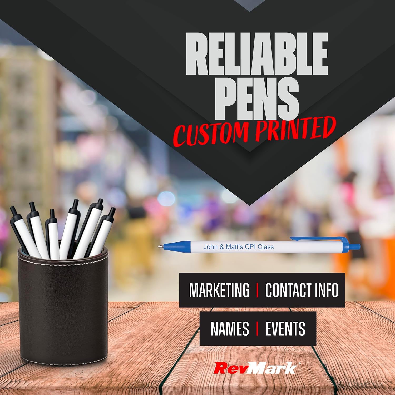 RevMark Bolígrafo personalizado, nombre impreso, información de negocios o eventos, publicidad atemporal, bolígrafos hechos en EE. UU., marketing