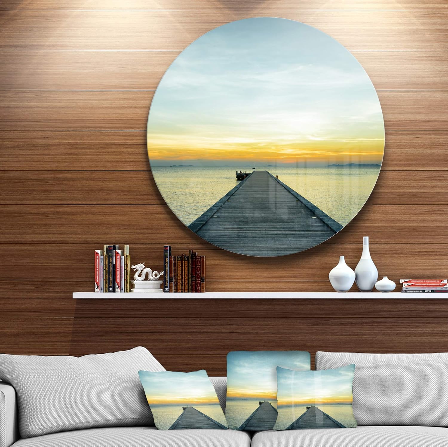mt8353-c23Boat Pier At Sunset Seascape Foto Círculo pared arte, 23″ x 23″