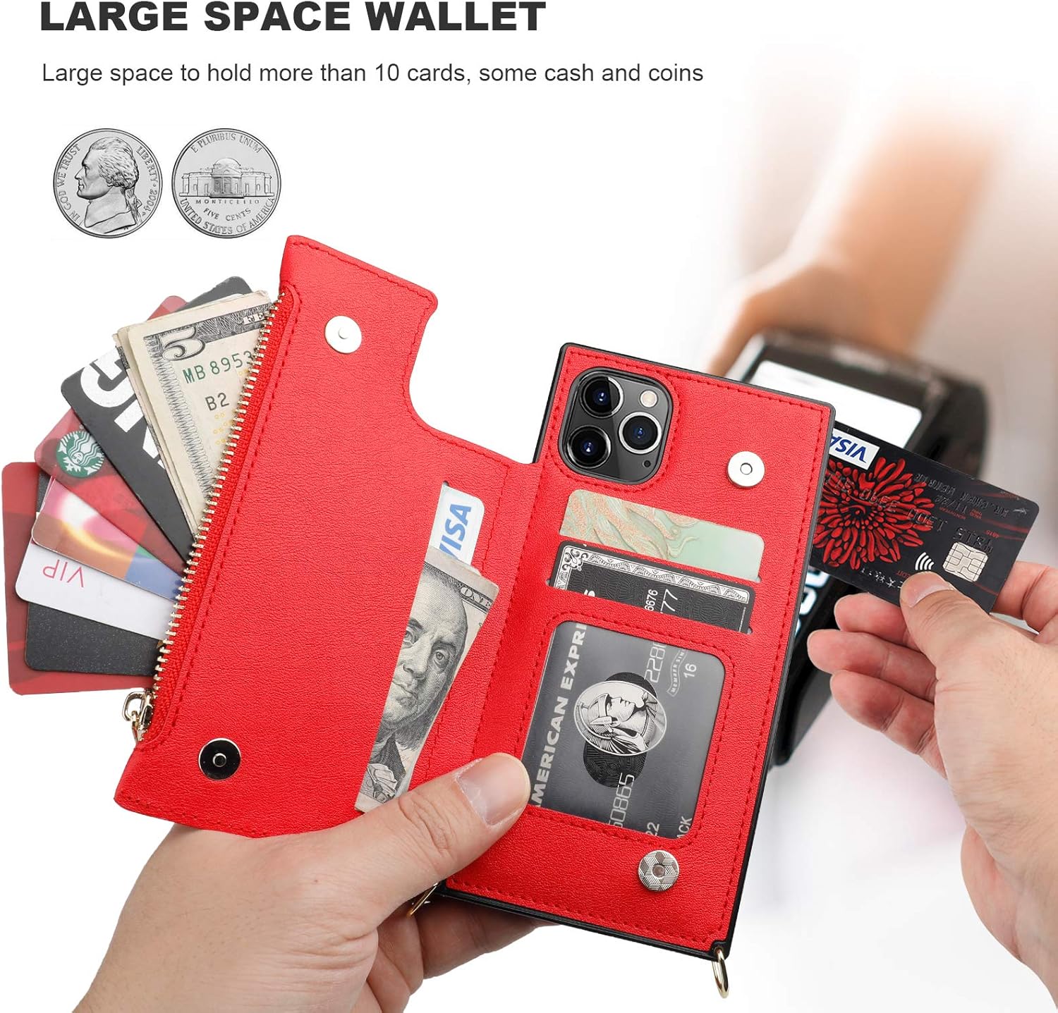 Bocasal Funda tipo cartera cruzada para iPhone 11 Pro con tarjetero, protector de ranura para tarjetas con cremallera, a prueba de golpes, con