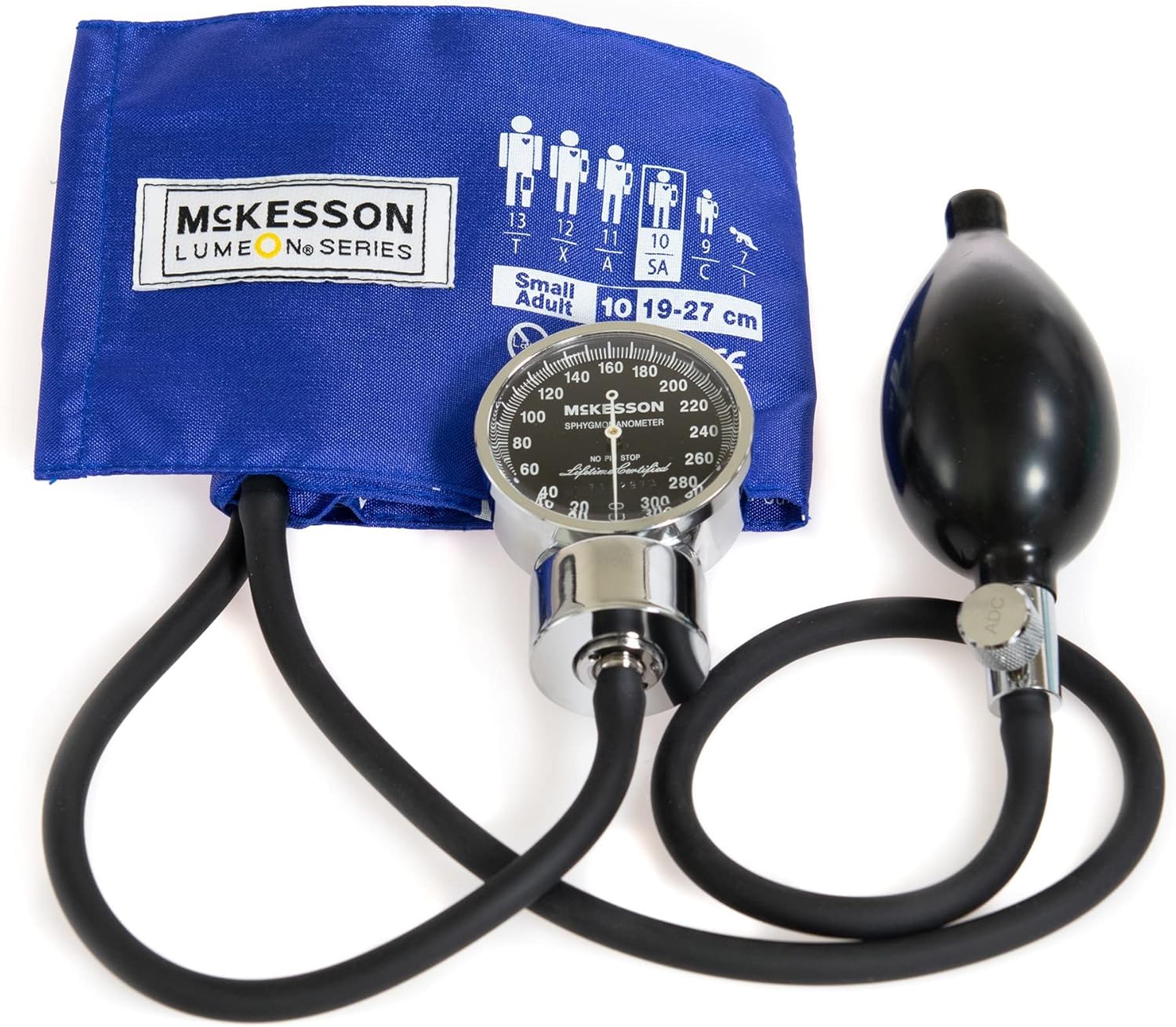 McKesson LUMEON – Esfigmomanómetro aneroide profesional, presión arterial con puño, tamaño de bolsillo, azul real, adulto pequeño, circunferencia