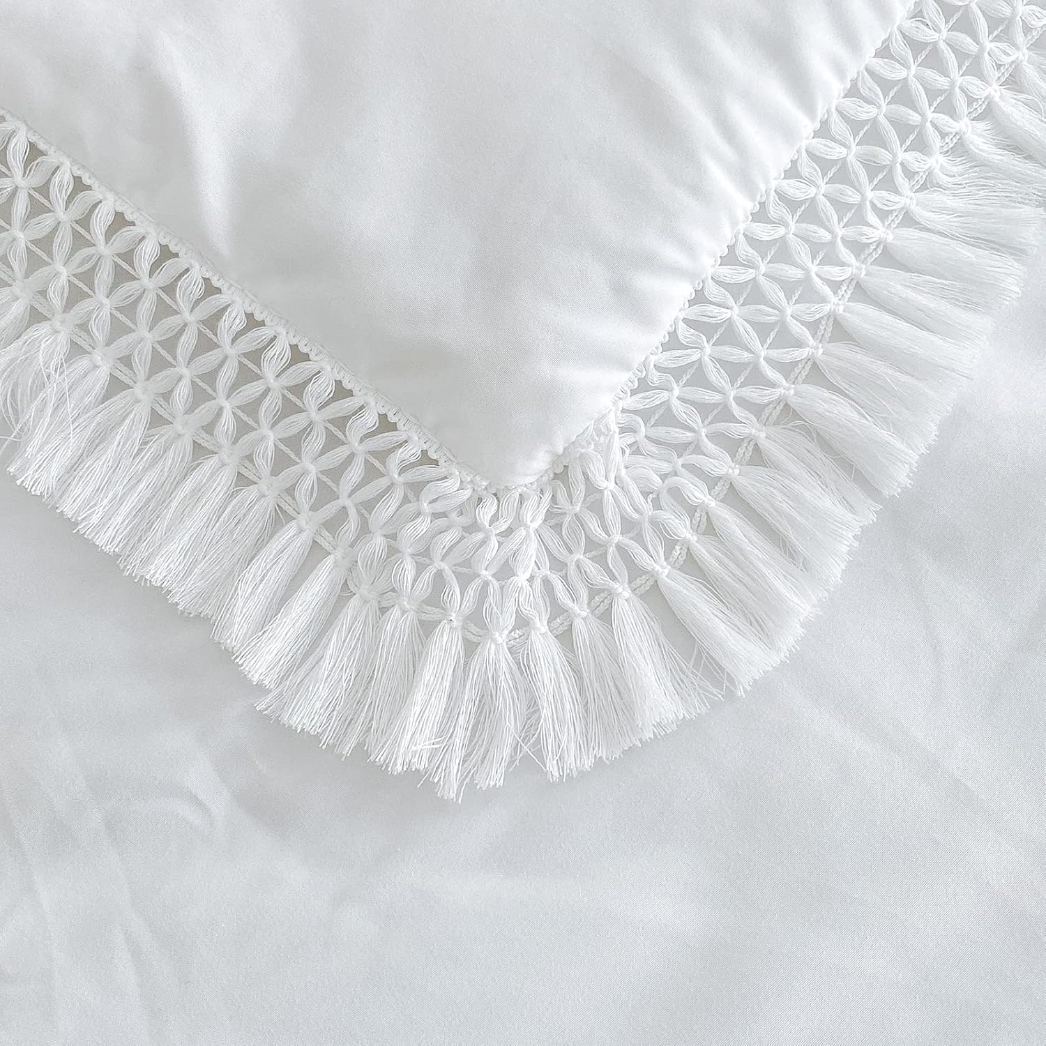 Juego de edredón con borlas blancas, tamaño Queen de 90 x 90 pulgadas, 3 piezas con flecos rosados, juego de ropa de cama bohemio de microfibra