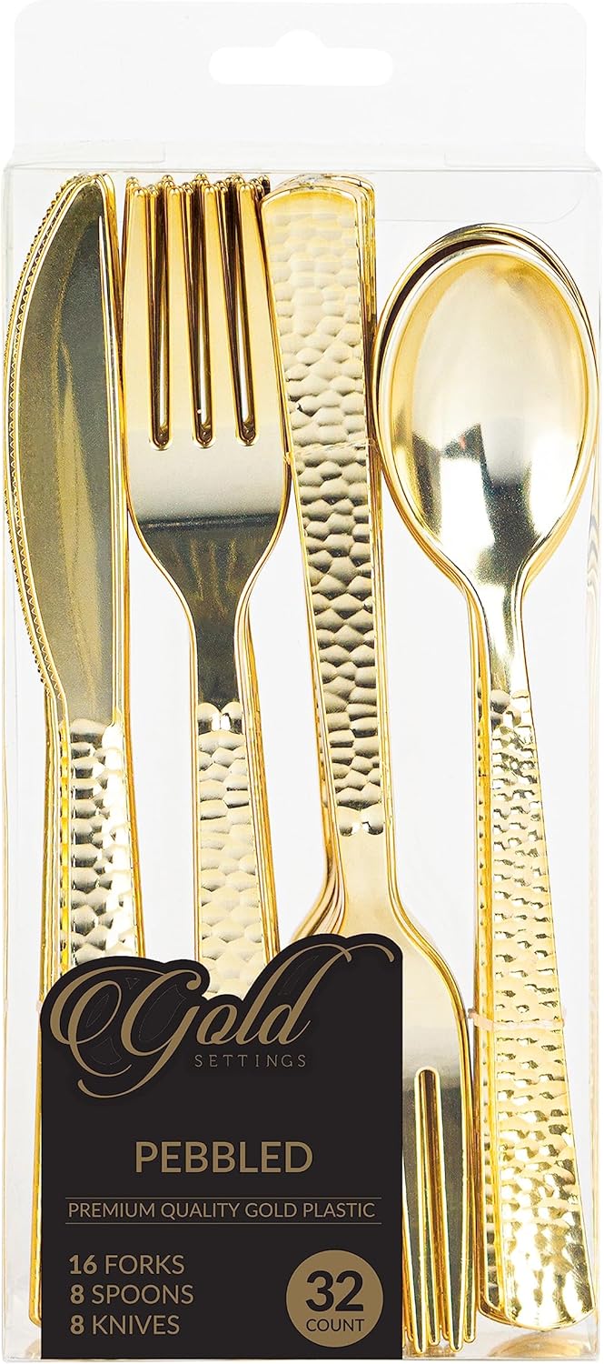 Party Bargains Juego de cubiertos desechables Pebble, 32 unidades 16 tenedores, 8 cucharas, 8 cuchillos, oro, cubiertos de plástico resistente,