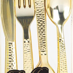 Party Bargains Juego de cubiertos desechables Pebble, 32 unidades 16 tenedores, 8 cucharas, 8 cuchillos, oro, cubiertos de plástico resistente, Party Bargains Juego de cubiertos desechables Pebble, 32 unidades 16 tenedores, 8 cucharas, 8 cuchillos, oro, cubiertos de plástico resistente,