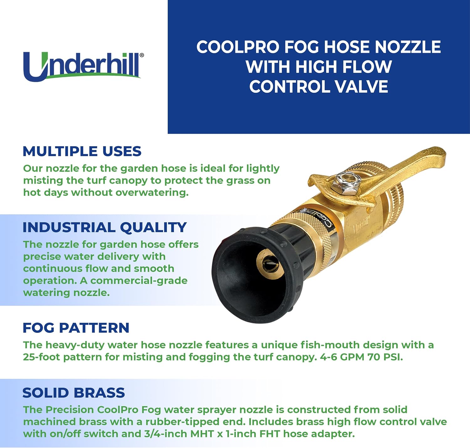 Underhill Precision CoolPro – Boquilla de manguera de jardín antiniebla con válvula de control de alto caudal, 4-6 GPM 70 PSI, 34 pulgadas por 1