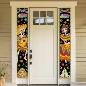 Allenjoy Letreros colgantes del Día de los Muertos mexicanos para puerta de pared, decoración de guitarra y esqueleto, poliéster, sin arrugas, para Allenjoy Letreros colgantes del Día de los Muertos mexicanos para puerta de pared, decoración de guitarra y esqueleto, poliéster, sin arrugas, para