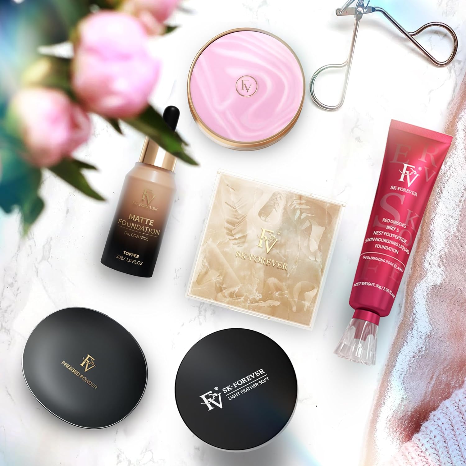 FV Maquillaje de base líquida Dewy, control de aceite, impermeable, de larga duración, para pieles normales y secas, cobertura media ligera, vegano