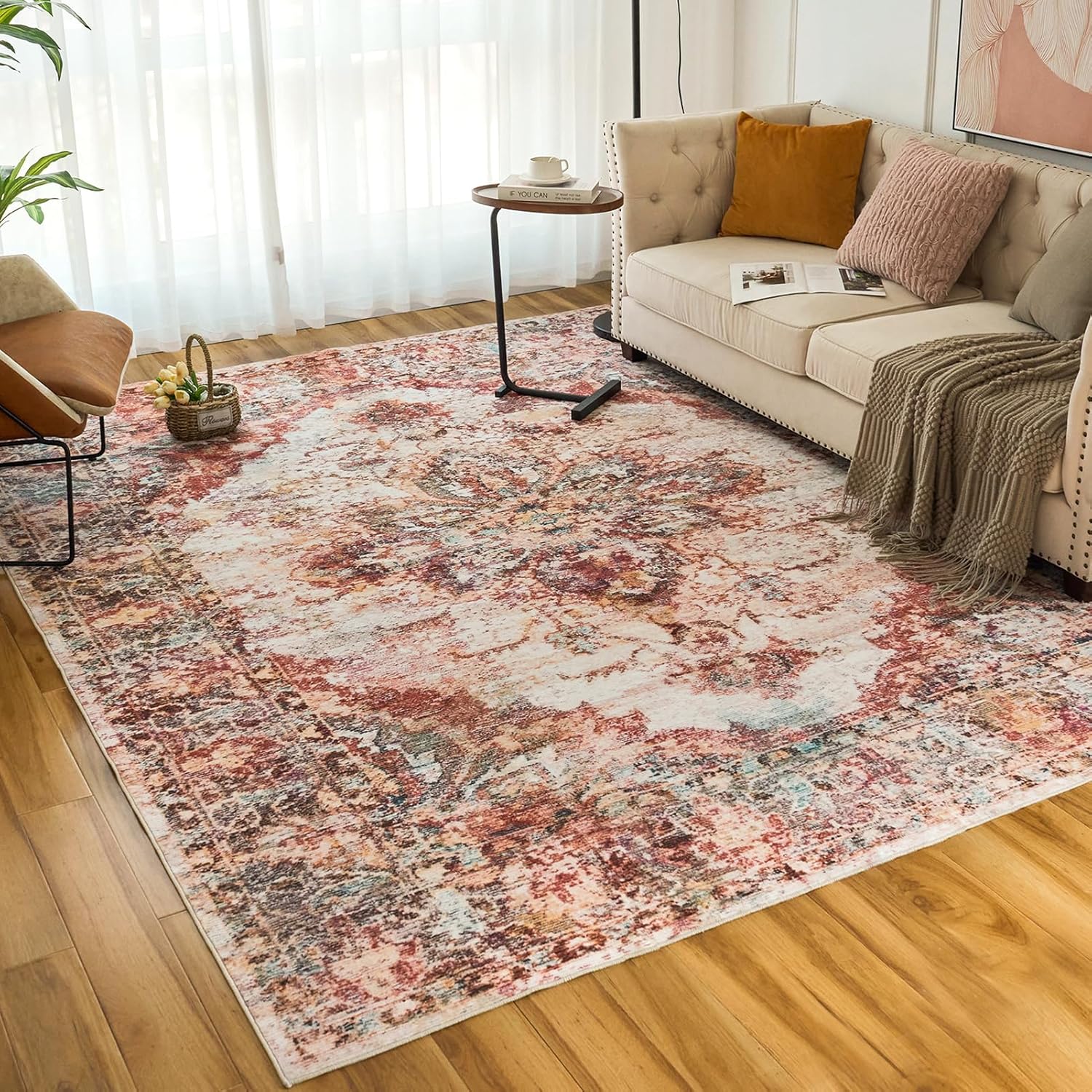 VKLIVING Alfombra vintage lavable de 5 x 7 pies, de pelo bajo, estilo bohemio, ligera, lavable a máquina, resistente a las manchas, antideslizante,