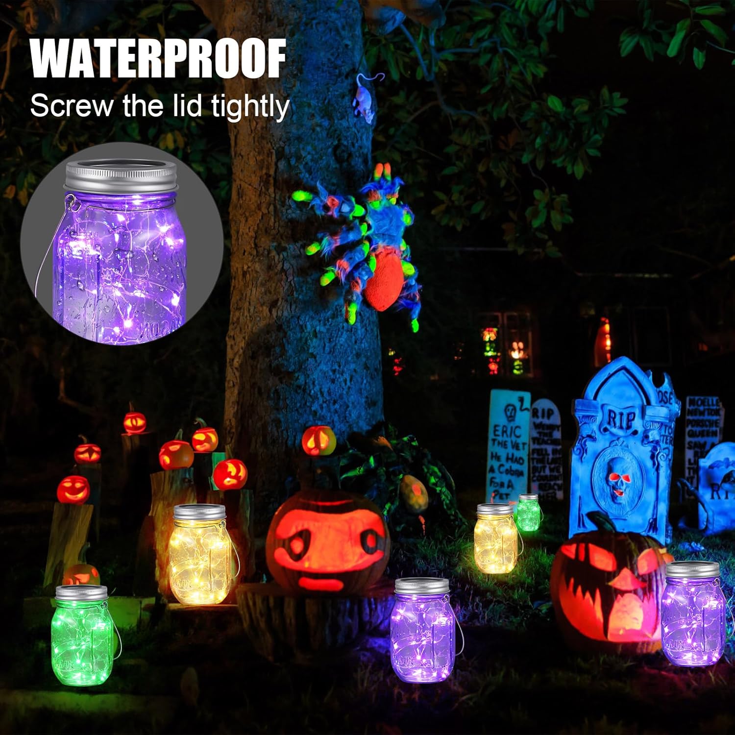6 luces solares de tarro de masón de Halloween, 30 luces LED, cadena de luces colgantes mini linterna solar impermeable al aire libre centro de mesa