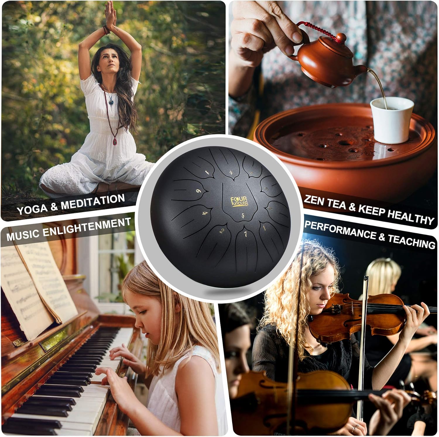 FOUR UNCLES Tambor de lengua de acero de 10 pulgadas, 11 notas, tambor de mano con bolsa de viaje, mazos de libros de música, instrumentos musicales