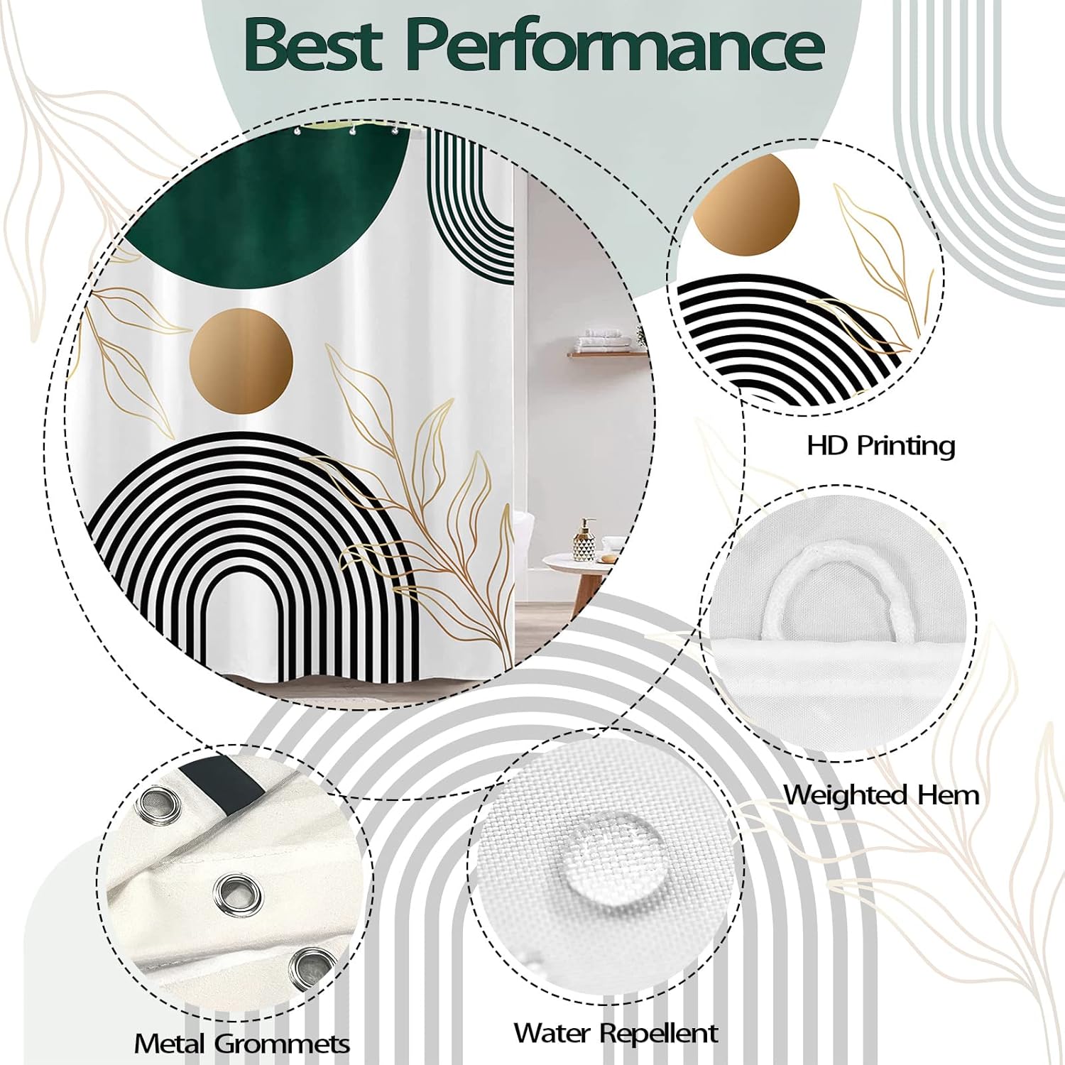 Aipon Cortina de ducha verde de mediados de siglo para baño, cortina de ducha abstracta bohemia de tela moderna impermeable para baño con 12 ganchos
