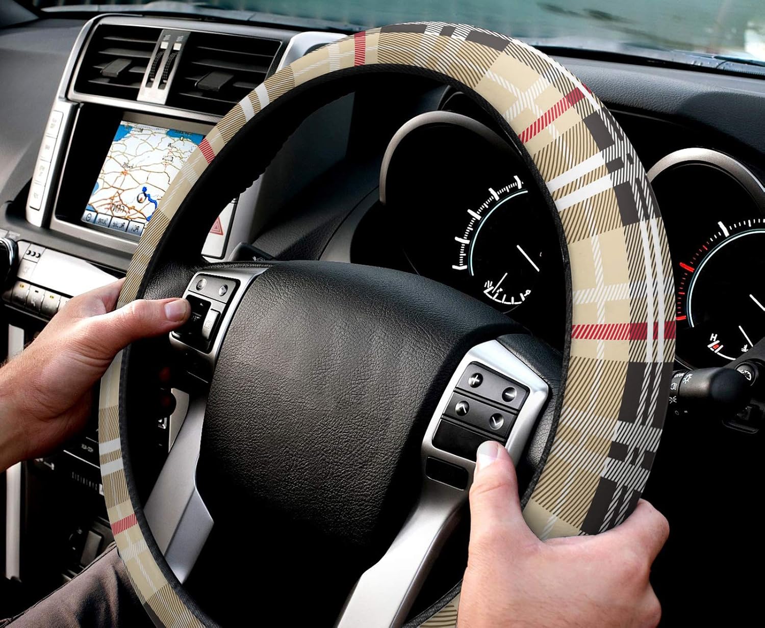 Funda protectora para volante de automóvil, diseño geométrico de rayas a cuadros, elástica, esponja, elástica, para vehículos, camiones, SUV,