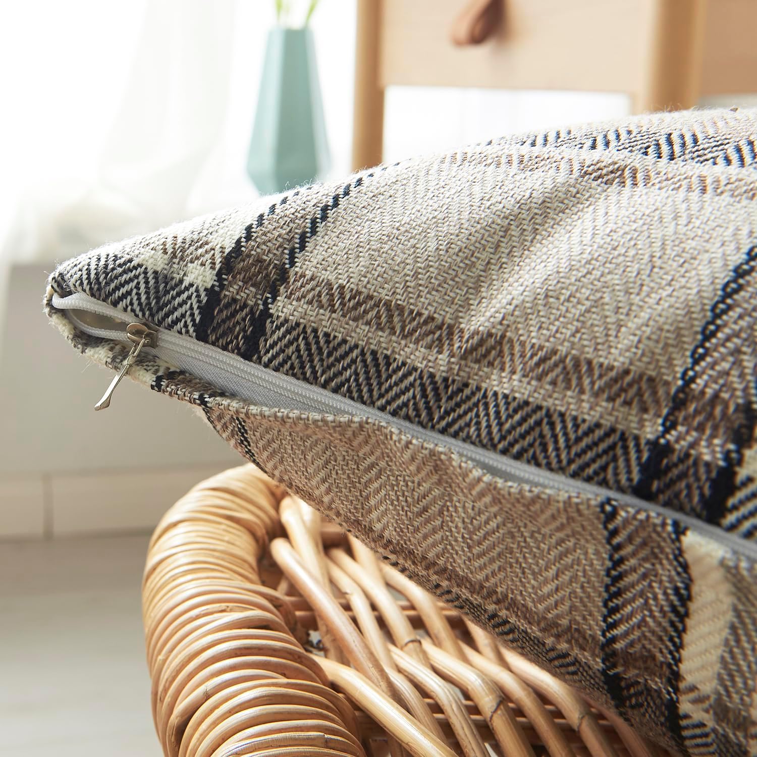 Jiuhong Fundas de almohada de lino y algodón, decoración de casa de campo, a cuadros, cuadradas, decoración del hogar para sofá, dormitorio,