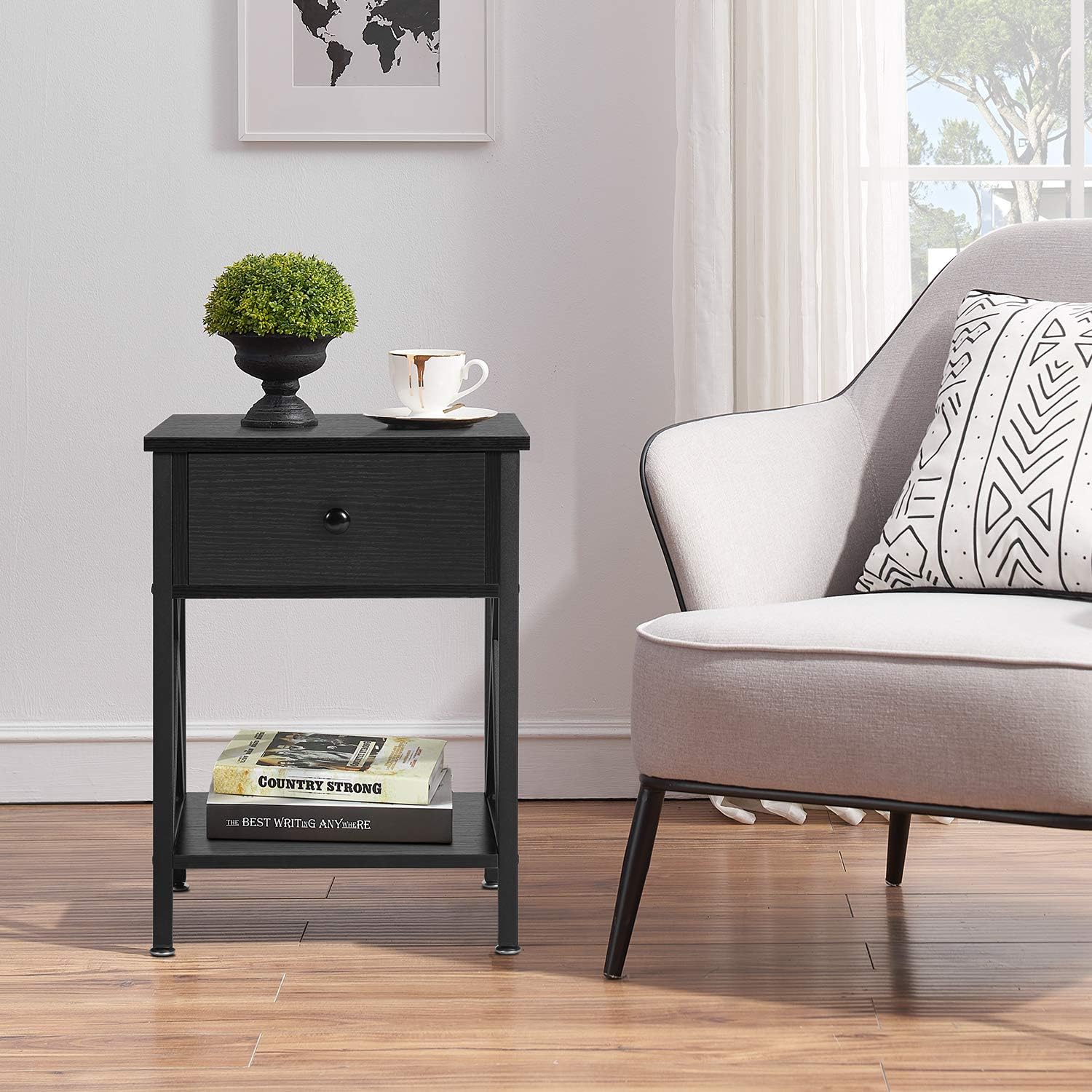 VECELO Mesa lateral con repisas Diseño en X Buró Mesa de noche Mueble versátil para sala de estar o dormitorio