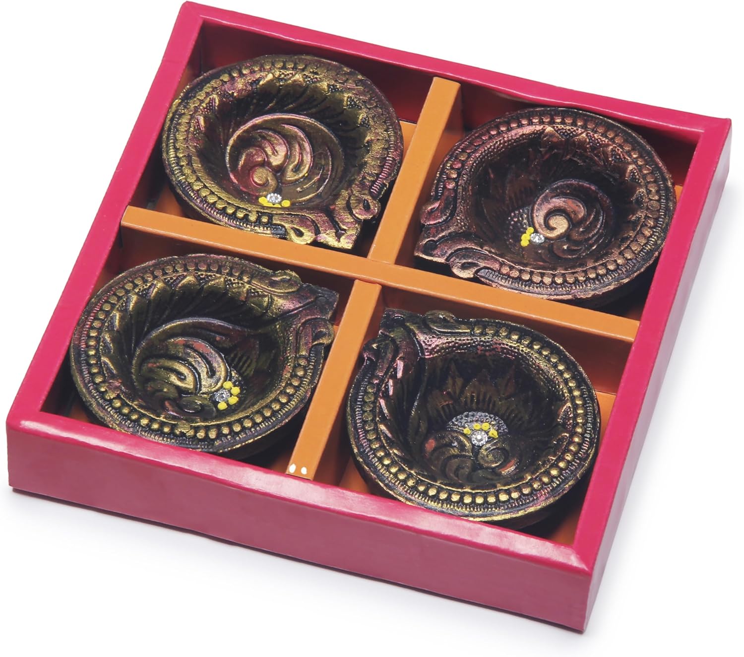 Terracoaat – Juego de 4 piezas de arcilla oxidada, para decoración de Diwali Navratri, lámpara de aceite, diwali, arcilla, diya, soporte para velas