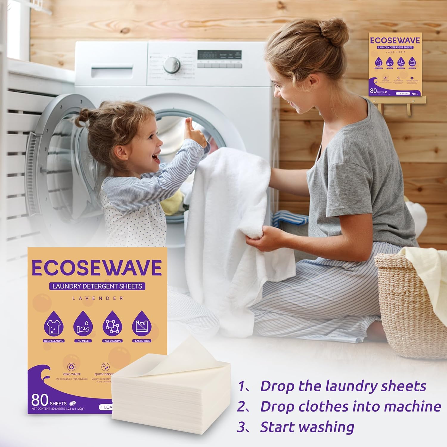 Hojas de detergente para ropa, 80 hojas, aroma a lavanda, tiras hipoalergénicas y ecológicas, perfectas para viajes, campamento, apartamentos,