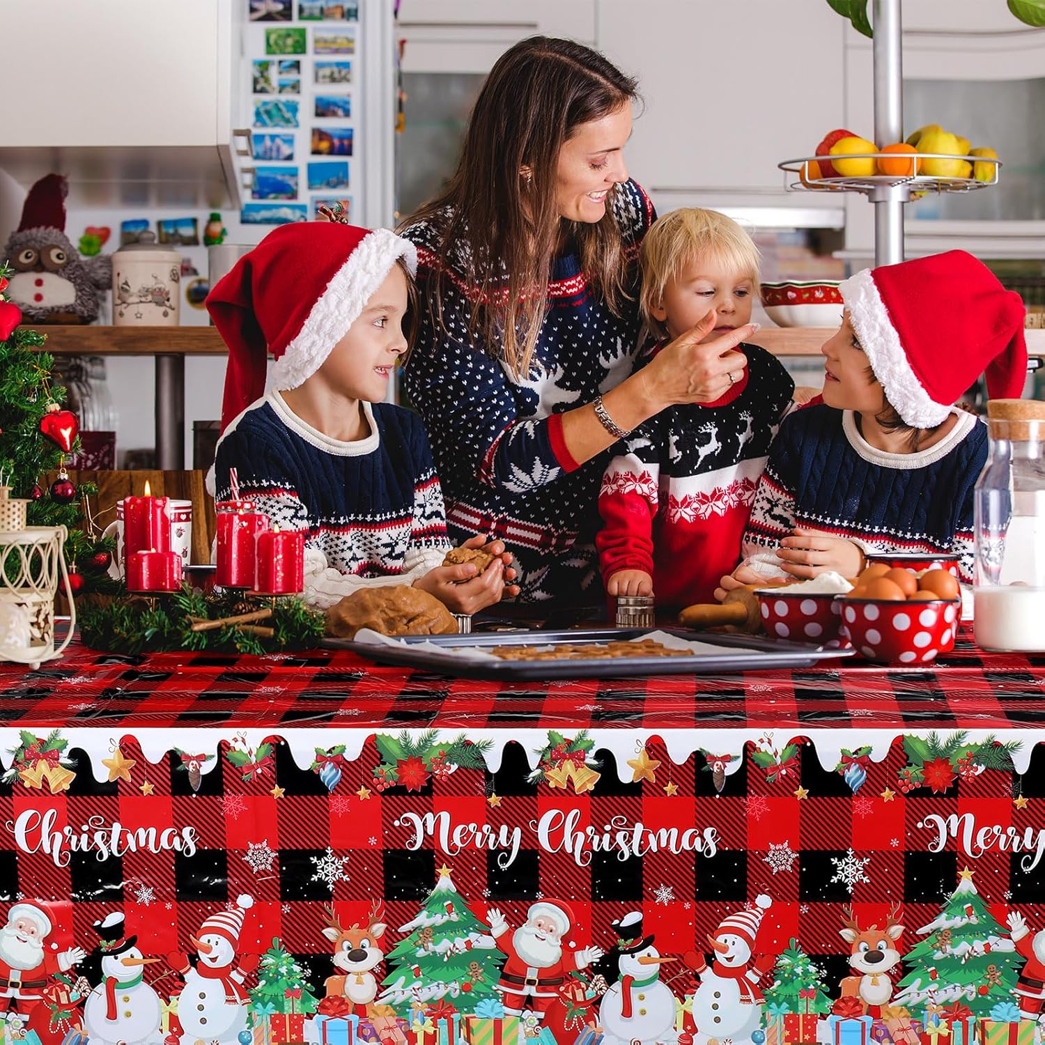 Tiamon Mantel de Navidad con diseño de búfalo de Navidad, mantel de picnic rojo y negro, mantel de plástico con copos de nieve para decoración de