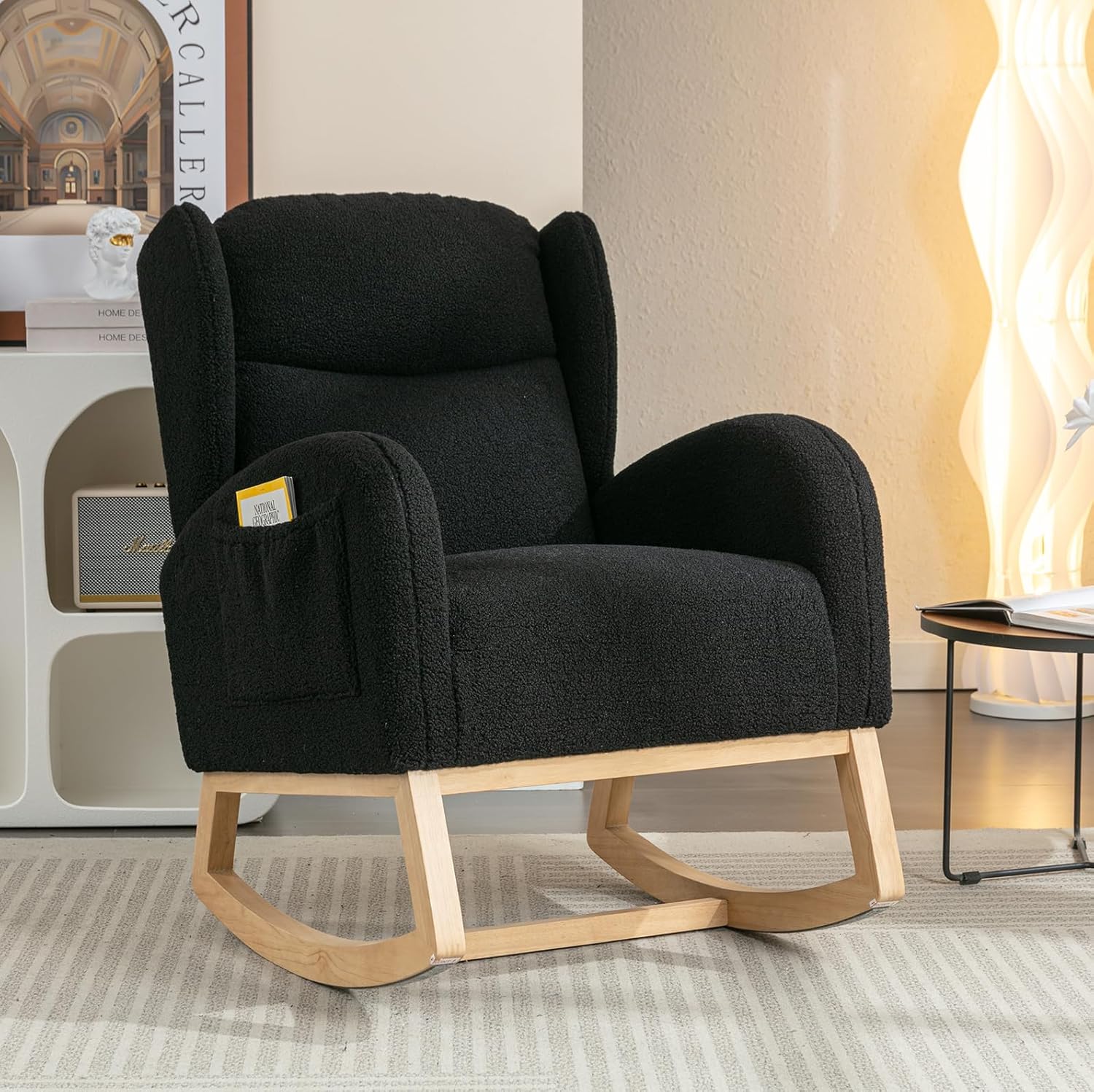 Mecedora de peluche para guardería, silla mecedora tapizada con bolsillo, silla moderna con respaldo de ala, cómoda silla de lectura con patas de