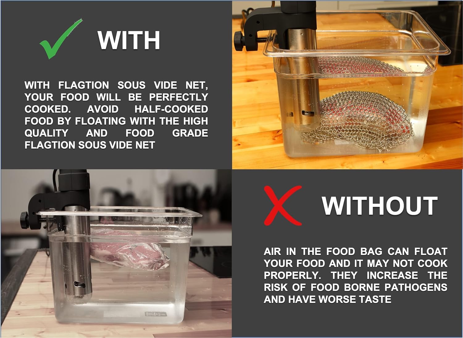 FLAGTION Sous Vide, juego de red de malla de acero inoxidable de grado alimenticio de 1.5 libras y 5 imanes recubiertos de silicona para cocinar al