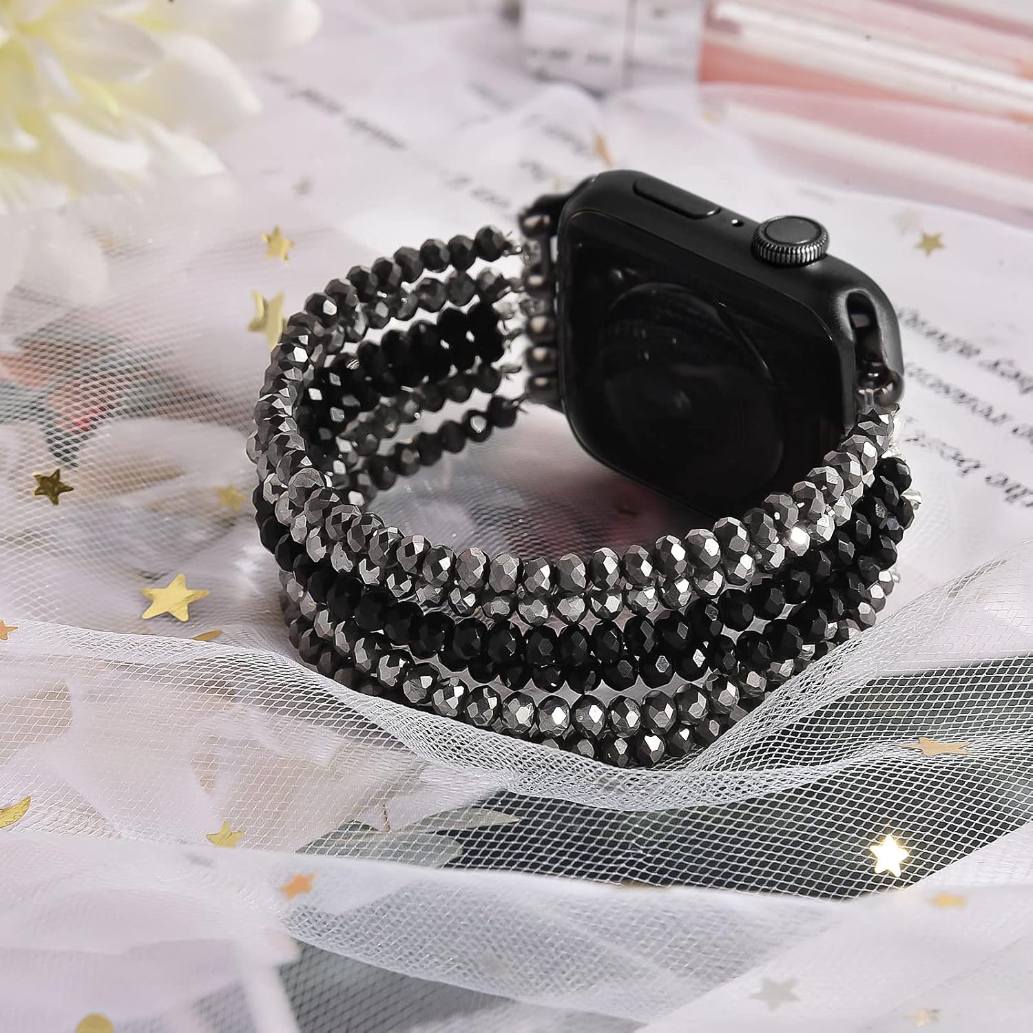 V-MORO Bandas de cuentas compatibles con Apple Watch Band hechas a mano, elásticas y elegantes pulseras de perlas de cristal para iWatch SE Series