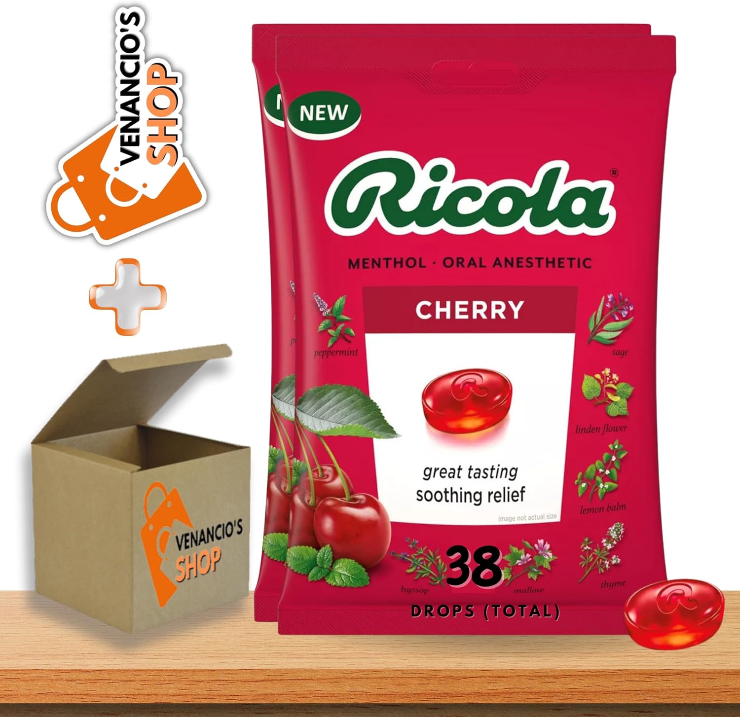 Ricola – Gotas para la tos, alivio calmante para el dolor de garganta seca, 19 unidades + incluye adhesivo Venancio’sBox (cerezo, paquete de 2)
