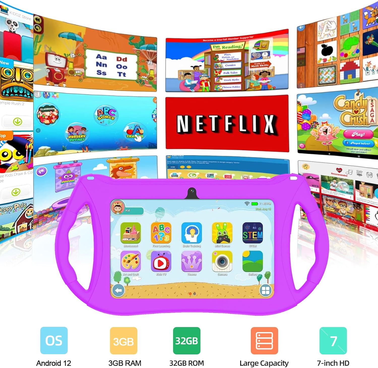 RliyOliy Tableta para niños, tableta Android 12 de 7 pulgadas para niños, 3 GB de RAM, 32 GB de ROM con Bluetooth, WiFi, GMS, control parental,