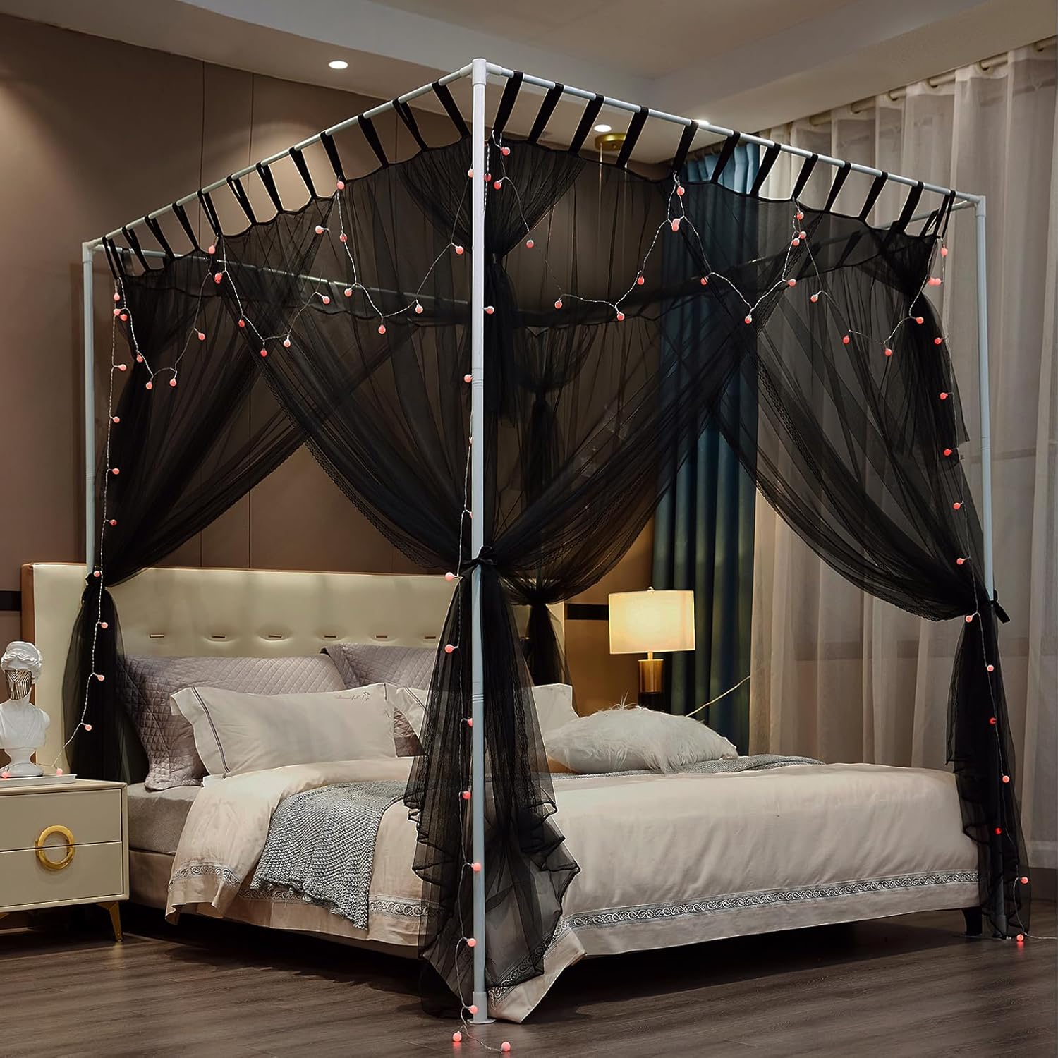 Cortina de 4 esquinas con poste para cama, toldo de mosquitera, para cama Queen y King, elegantes cortinas de cama para niñas y adultos, decoración