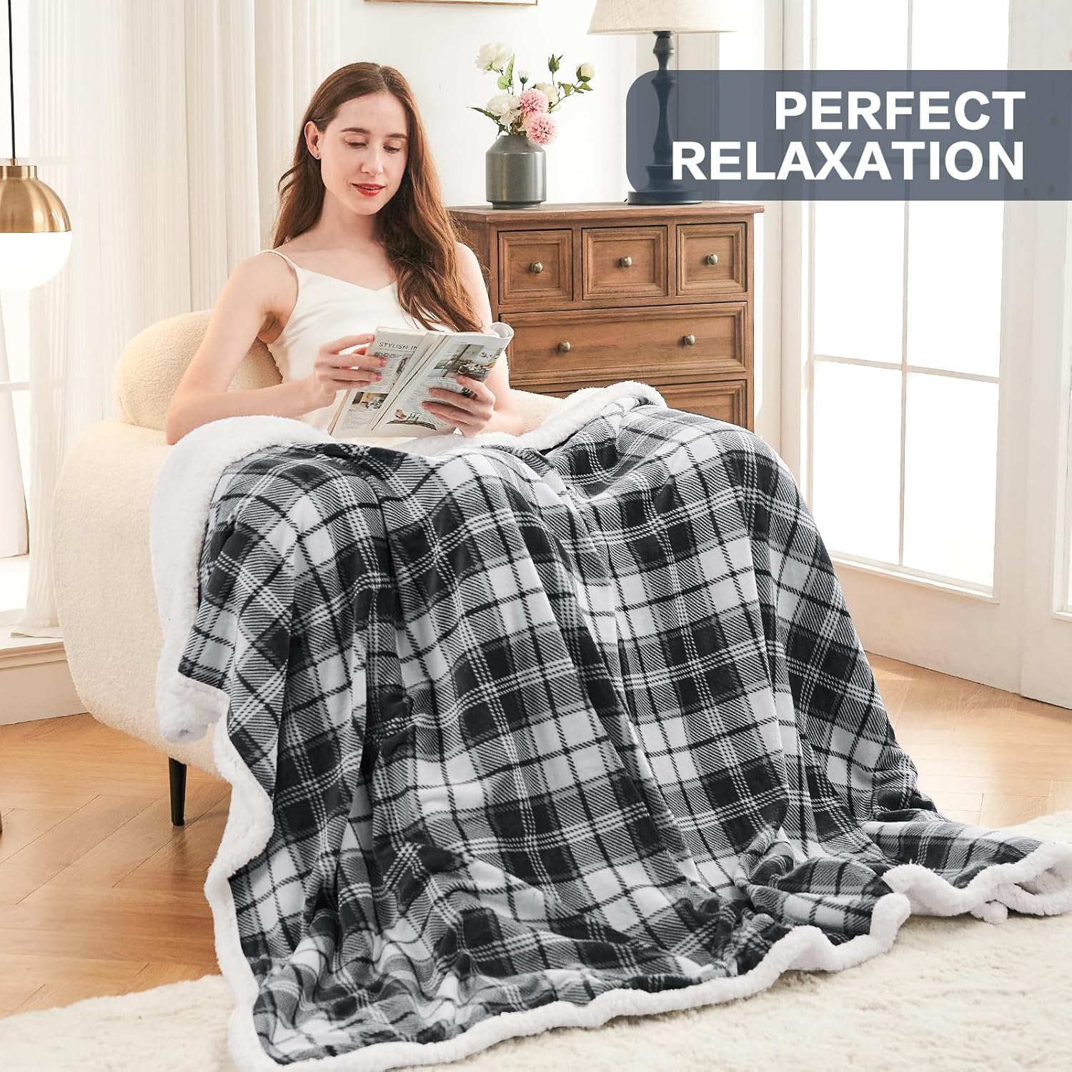 inhand Manta sherpa, a cuadros, cálida, acogedora, suave, para sofá, cama, sofá, manta reversible de franela de felpa esponjosa para adultos,