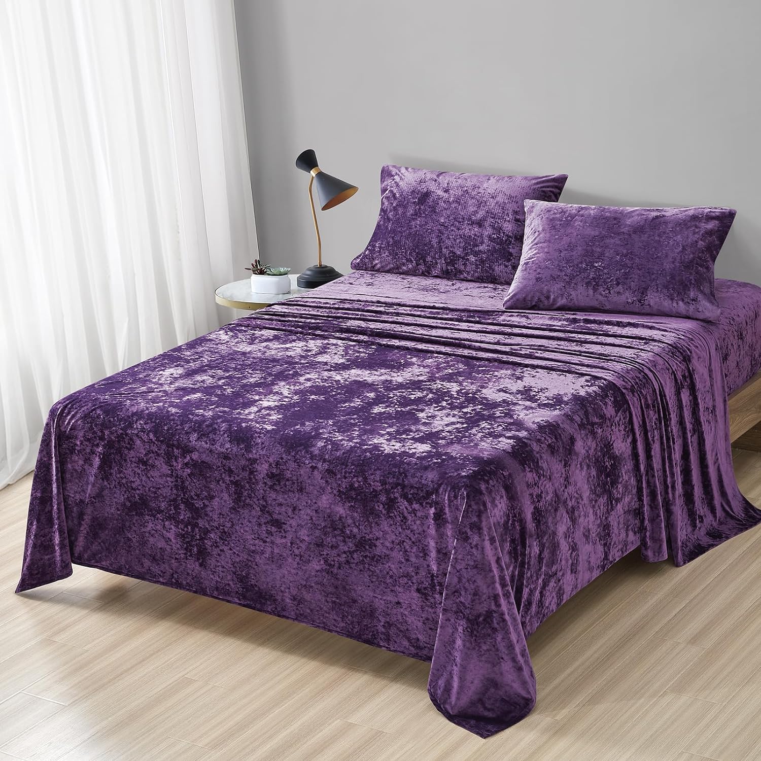Juego de sábanas de terciopelo envejecido, 4 piezas, color morado, King, ultra suave, cálido