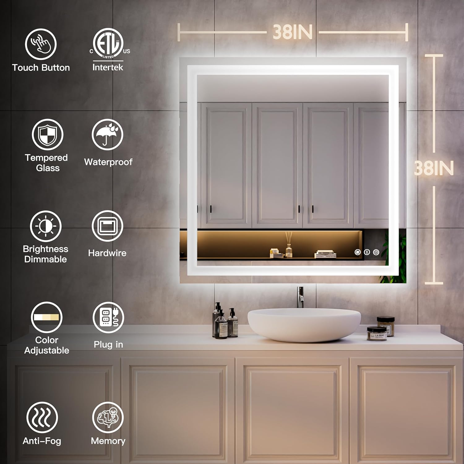 ISKM Espejo de baño LED cuadrado de 38 x 38 pulgadas para baño con luz frontal y retroiluminada, espejo iluminado regulable para pared, vidrio