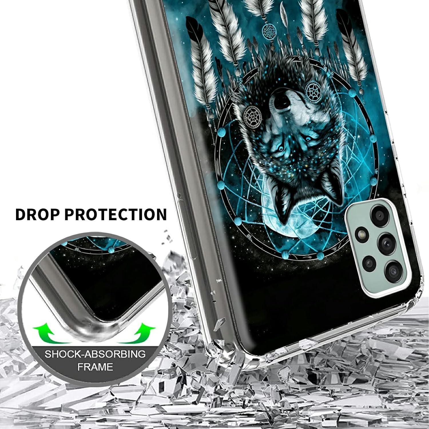 Rossy Funda transparente para teléfono Samsung Galaxy A23 5G con patrón de atrapasueños de lobo para mujeres y hombres, funda protectora delgada de