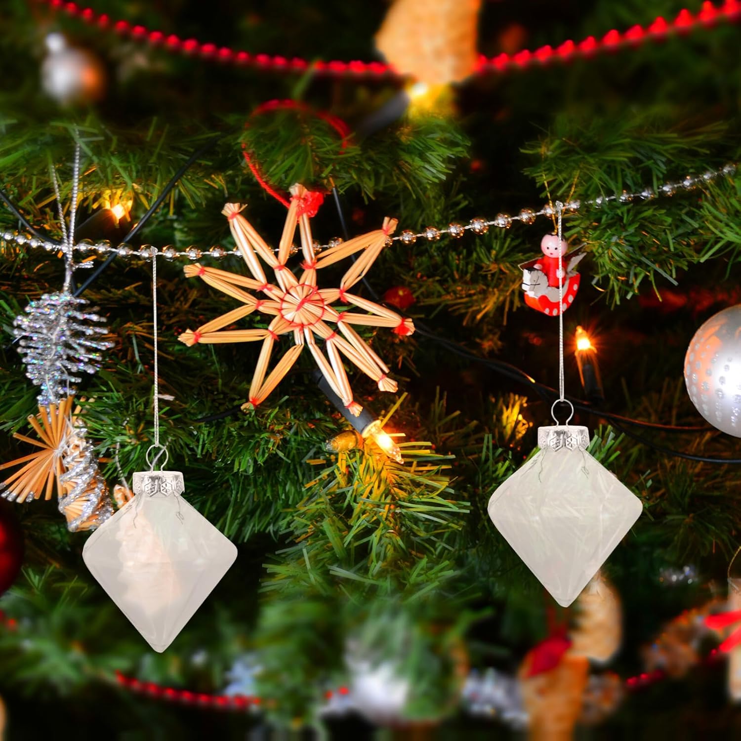Angoily Bolas de adorno rellenables de plástico transparente para Navidad, 12 unidades, prisma, bola de decoración de Navidad para proyectos de