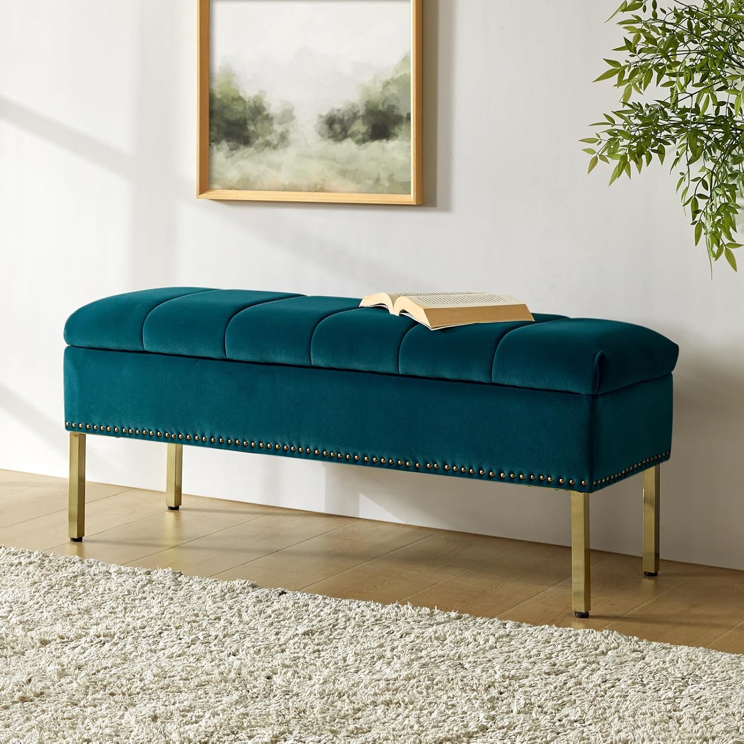 HULALA HOME Banco otomano moderno de terciopelo con tapa abatible con borde de clavos, banco tapizado para dormitorio para el extremo de la cama,
