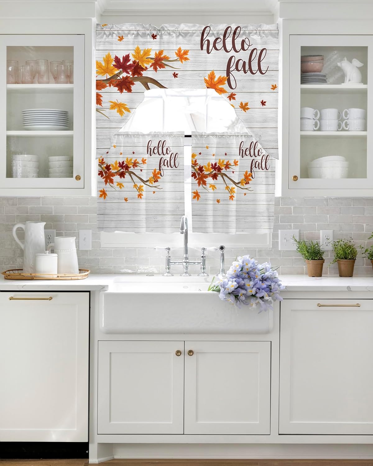 Juego de 3 cortinas y cenefas de cocina, cortinas cortas de otoño con bolsillo para barra, cortinas de ventana de granero de madera para decoración