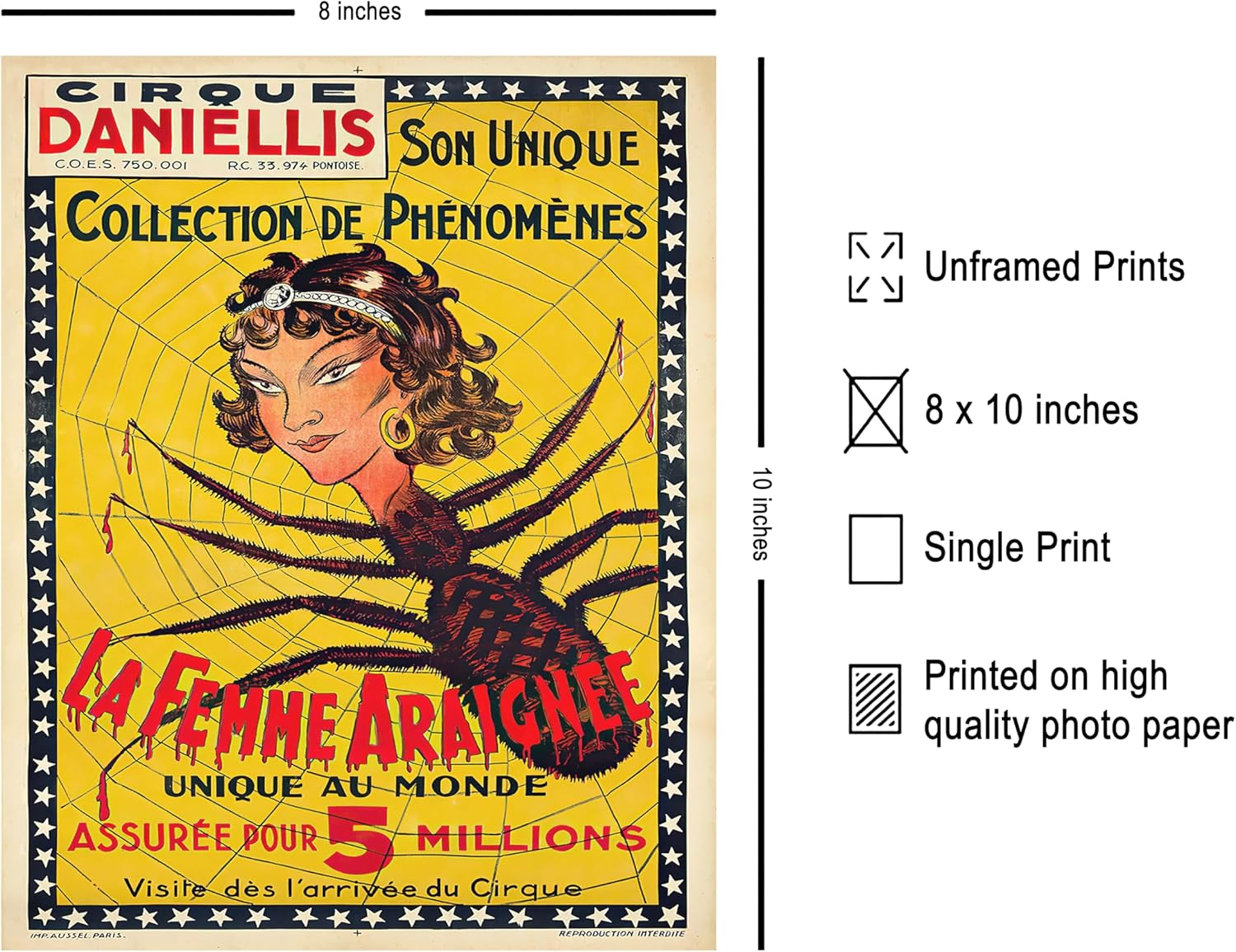 Poster Master Póster vintage de mujer araña, impresión retro de La Femme Araignee – Arte de publicidad de circo – Regalo para él, ella, hombres,