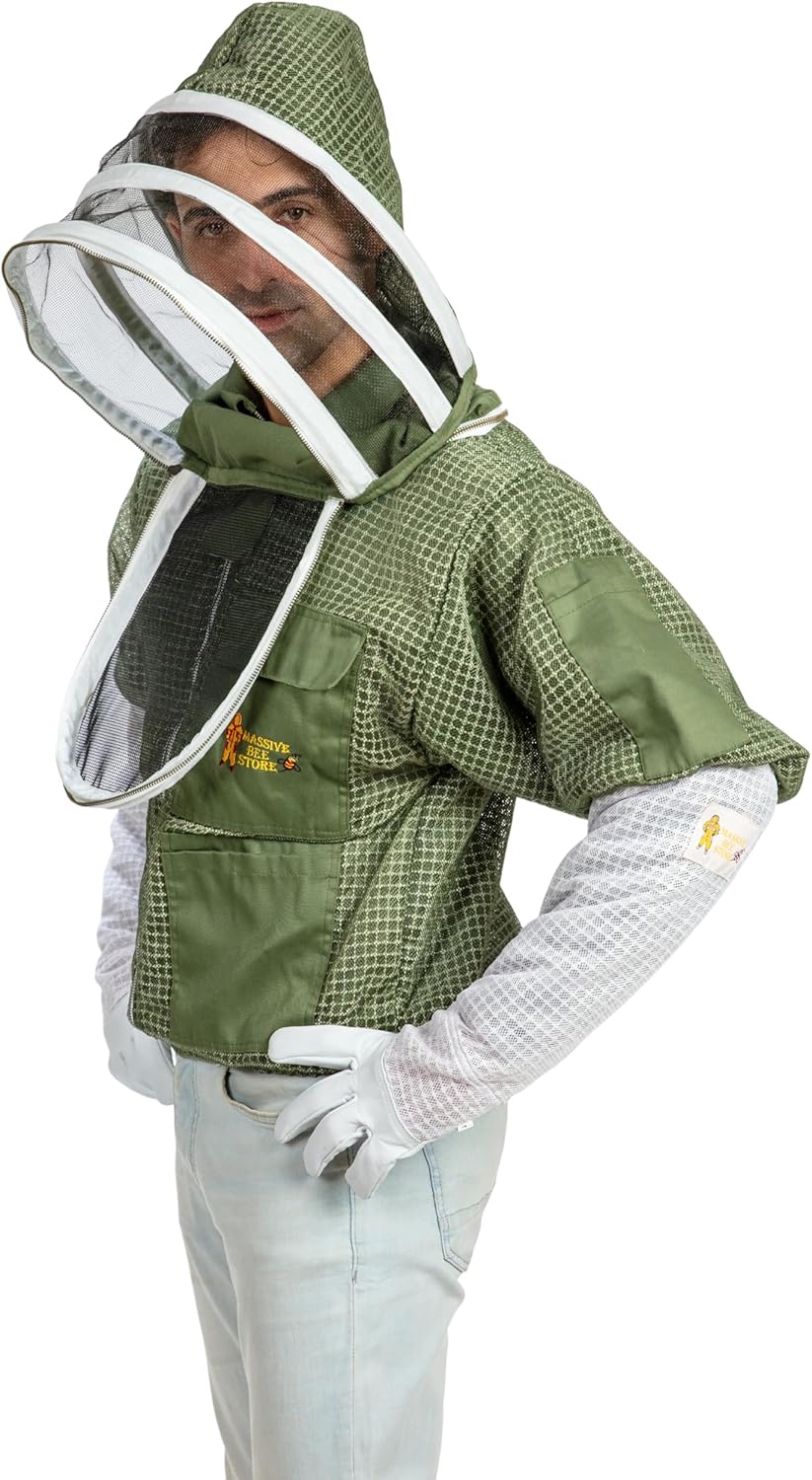 — Chaqueta ventilada de apicultura de 3 capas de protección completa para apicultores con velo de esgrima (XL, verde oliva)