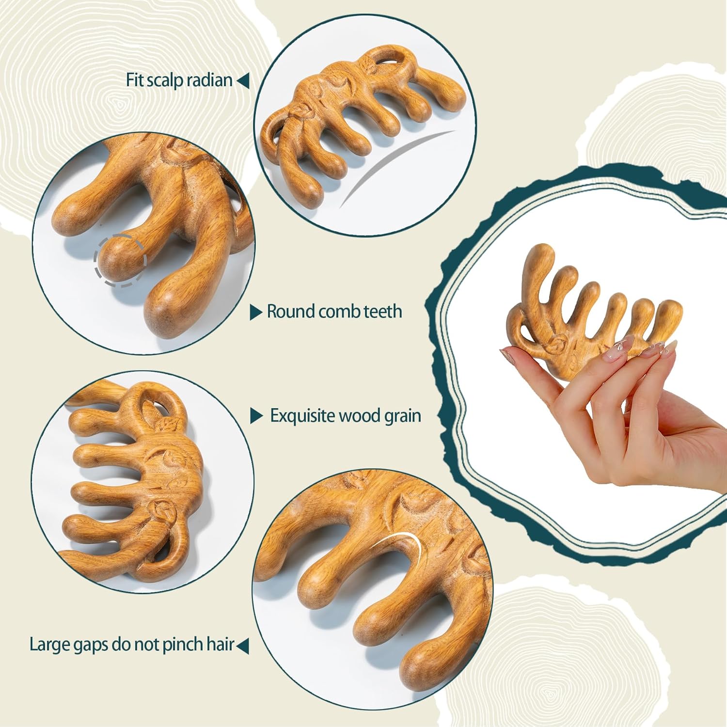 Metyond Peine de madera de sándalo verde Gua Sha, peine de madera ideal para raspar el cuero cabelludo masajeador peine y cuidado holístico cabeza