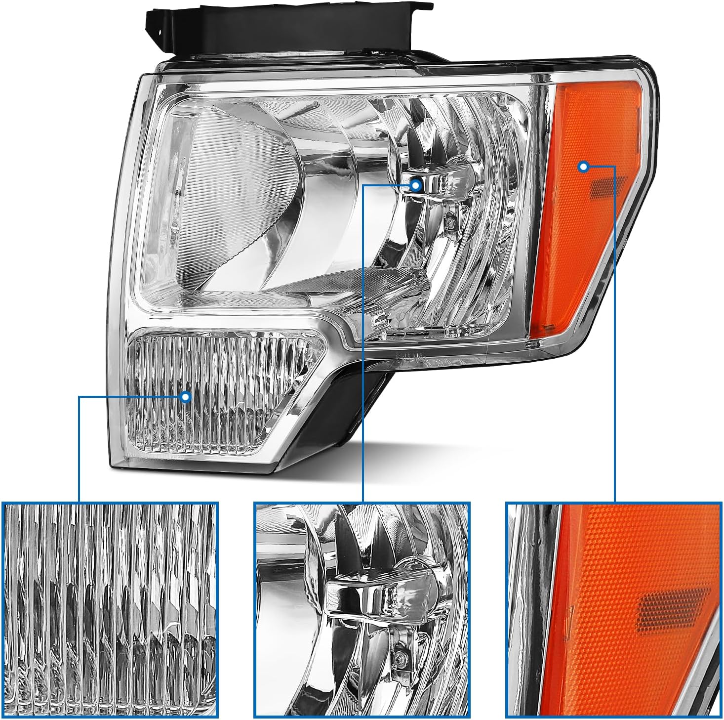 telpo Conjunto de faros delanteros antivaho para Ford F150 2009-2014 2009 2010 2011 2012 2013 2014 (reflector ámbar con carcasa cromada)