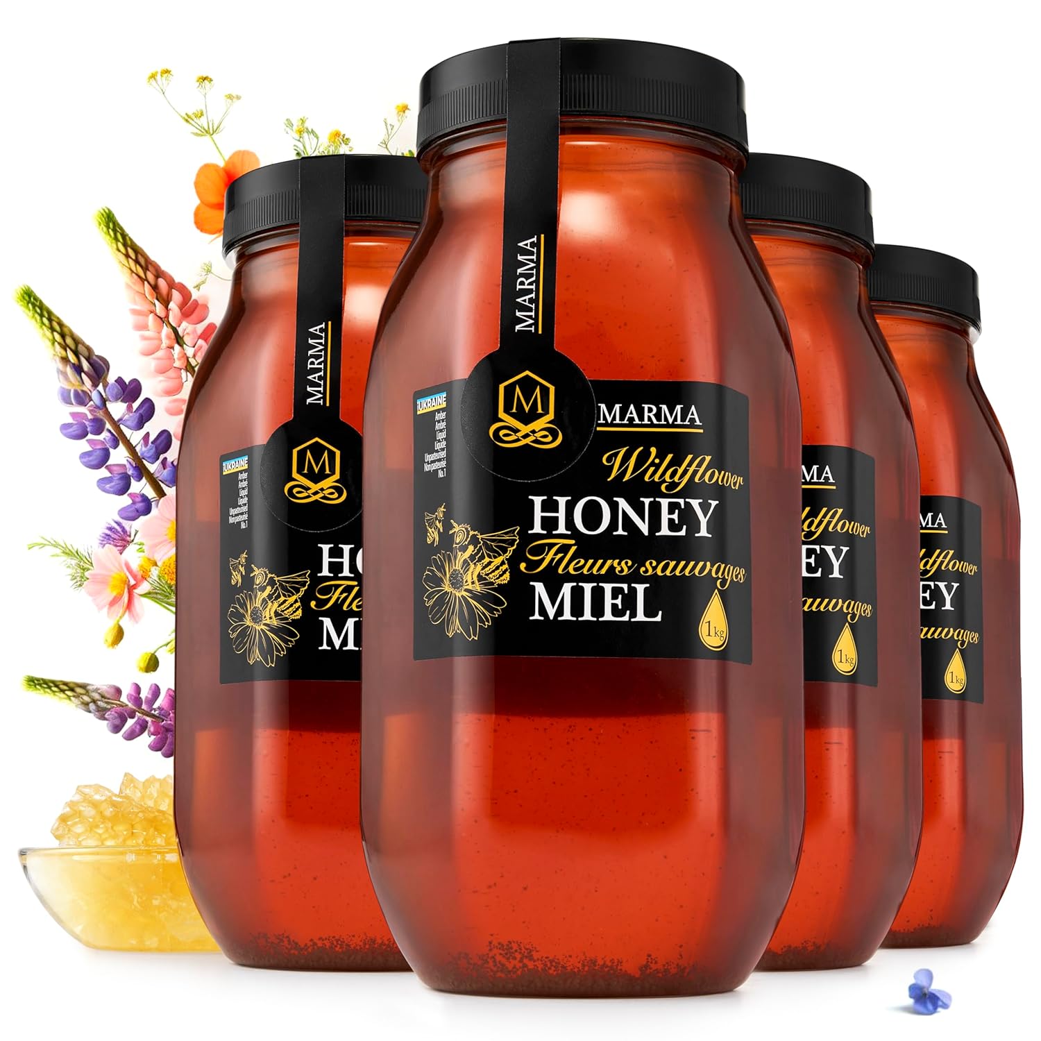 HONIGMA Marma – Miel de flores silvestres  Sabor exquisito  100% pura  Cristalizada  Sin pasteurizar  Sin filtrar  35.2 oz  Paquete de 6