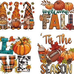 4 hojas de calcomanías de vinilo de transferencia de calor para otoño, Acción de Gracias, calcomanías para planchar en otoño, calabaza, gnomo, hojas 4 hojas de calcomanías de vinilo de transferencia de calor para otoño, Acción de Gracias, calcomanías para planchar en otoño, calabaza, gnomo, hojas