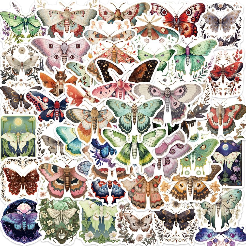 Calcomanías de polilla para álbumes de recortes, calcomanías estéticas de animales, 50 calcomanías de polilla de dibujos animados coloridas,
