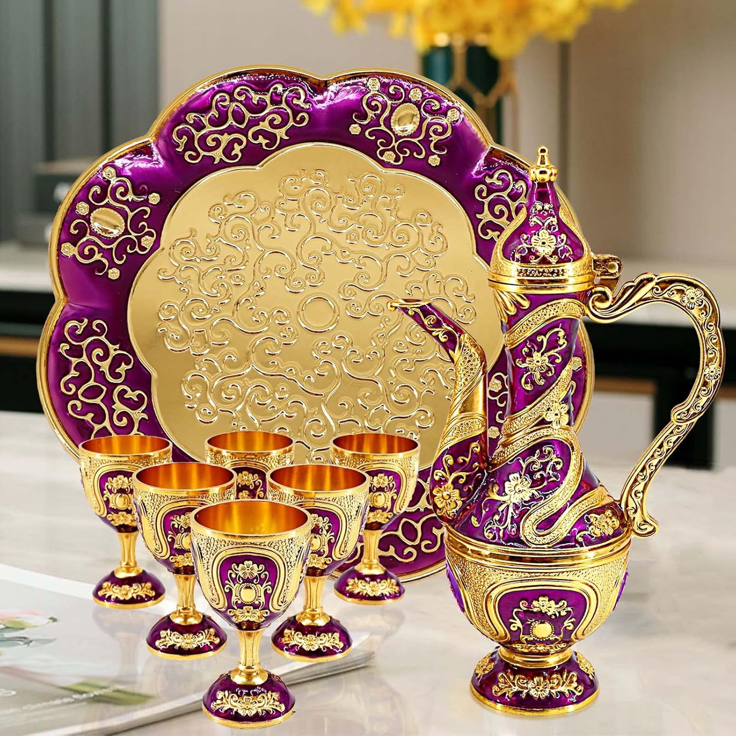 Juego de cafetera y tazas turcas vintage, juego de servicio de té que incluye tetera, bandeja de té y tazas de metal para decoración de gabinetes de