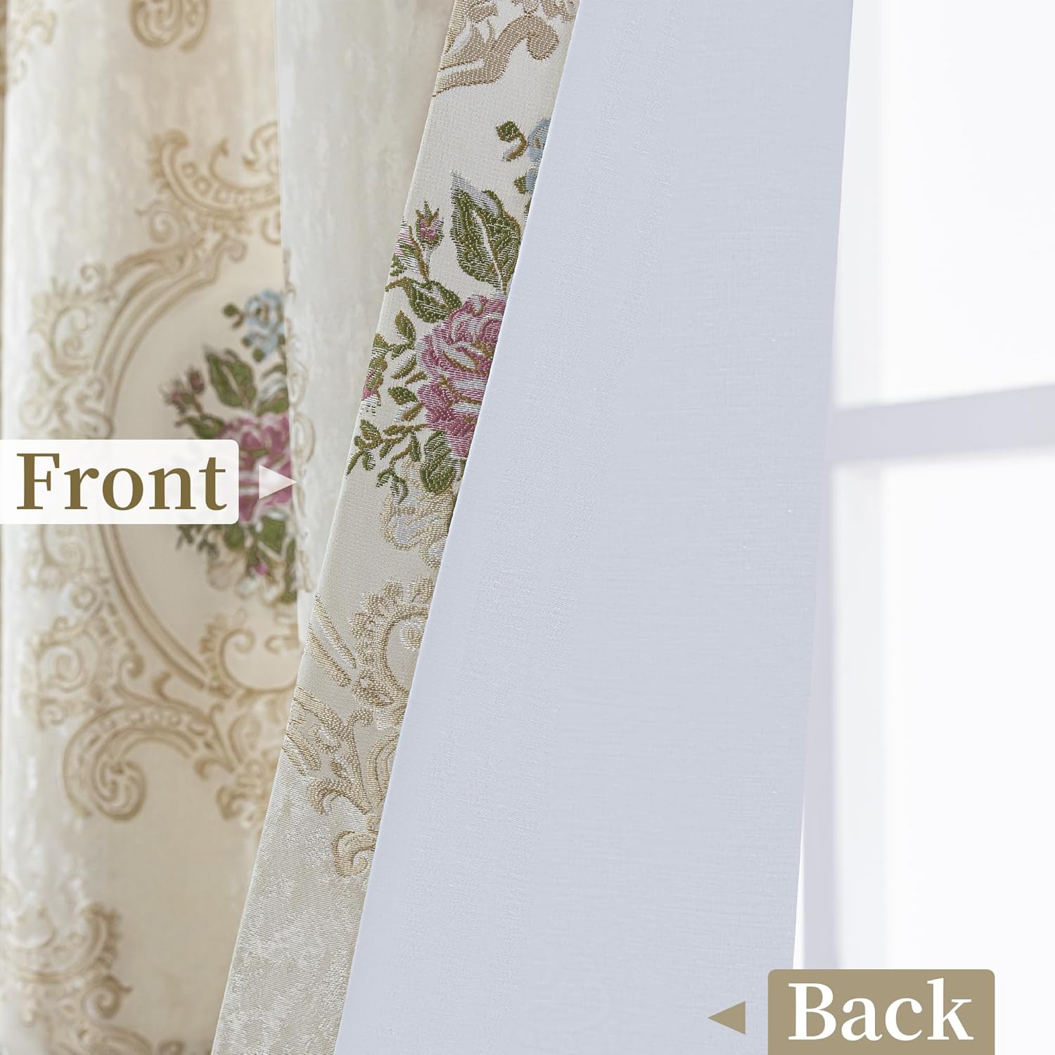Loom and Mill Cortinas jacquard de lujo para dormitorio, sala de estar, cortinas de damasco floral beige nacarado, 2 paneles con alzapaños, elegante