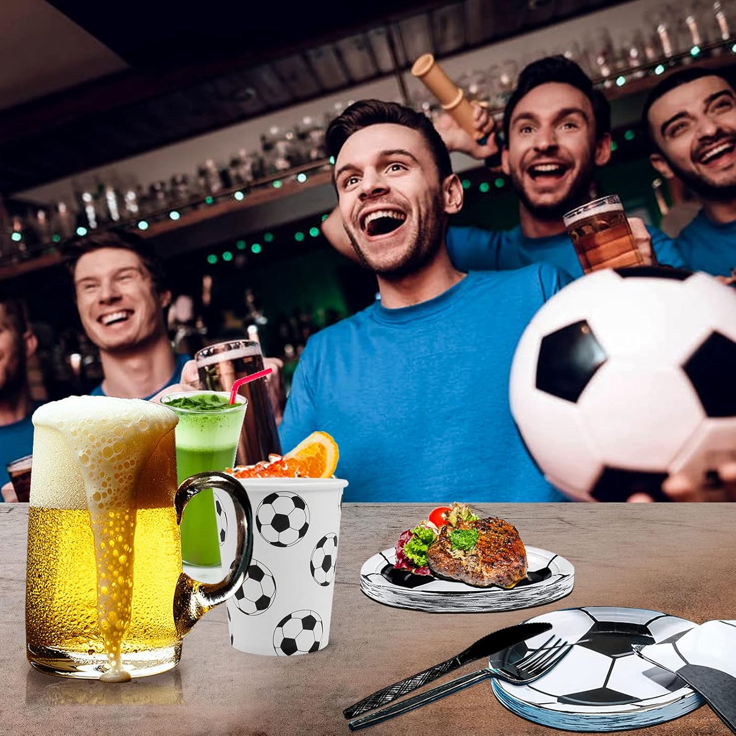 Suministros de fiesta de fútbol, 120 piezas de vajilla para fiesta de cumpleaños de fútbol, incluye platos de papel de fútbol, servilletas, tazas y
